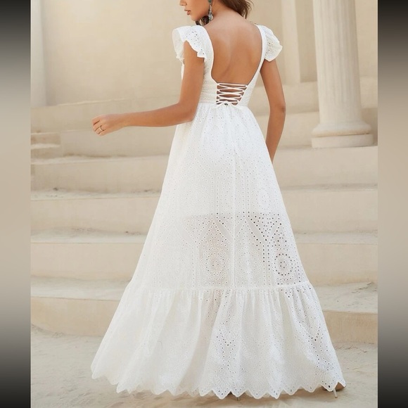Boho White Lace Up Eyelet Embroidery Backless Flounce Hem Dress White - Picture 2 of 8